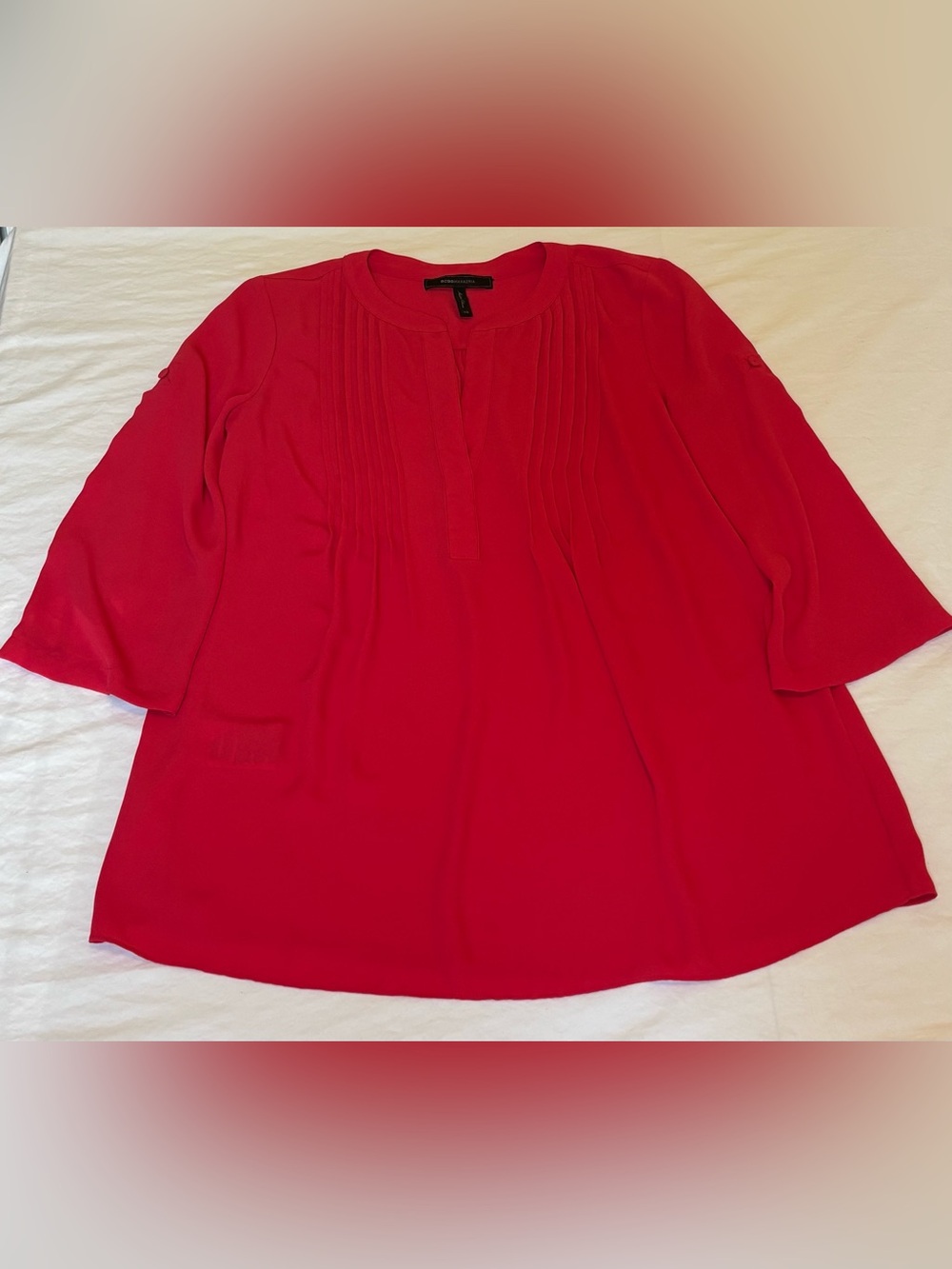 BCBGMaxAzria Red Pintuck Split-Neck Tunic